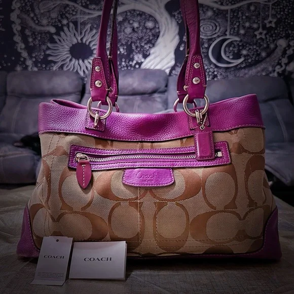 Vintage Coach purple Pink leather and Tan Signature Tote Bag shoulder bag 2009 - Picture 11 of 17